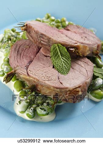 Boned roast leg of lamb slices with creamy peas and broad beans View Large Photo Image Stock Image - Boned roast leg of lamb slices with creamy peas and broad beans. Fotosearch