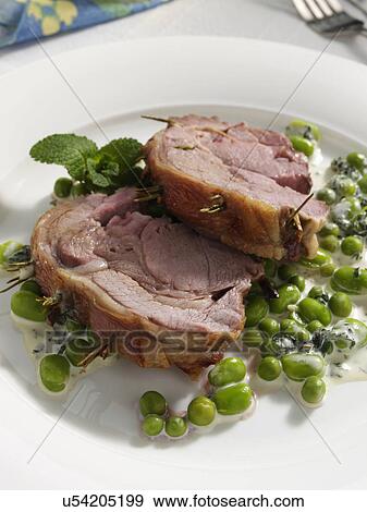 Boned roast leg of lamb slices with creamy peas and broad beans View Large Photo Image Stock Photo - Boned roast leg of lamb slices with creamy peas and broad beans. Fotosearch