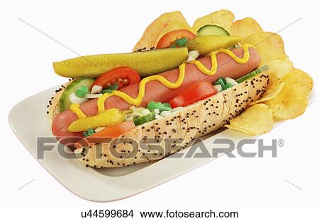 Chicago Style Hotdog With Dill Pickle, Cucumber Slices, Tomato, Vienna Beef Frankfurter Sausage, Mustard, Chopped White Onion, Bright Green Pickle And Yellow Mustard In A White Poppy Seed Bun With Pickled Peppers And No Ketchup View Large Photo Image Picture - Chicago Style Hotdog With Dill Pickle, Cucumber Slices, Tomato, Vienna Beef Frankfurter Sausage, Mustard, Chopped White Onion, Bright Green Pickle And Yellow Mustard In A White Poppy Seed Bun With Pickled Peppers And No Ketchup. Fotosearch