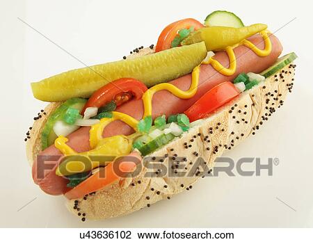 Stock Image - Chicago Style Hotdog With Dill Pickle, Cucumber Slices, Tomato, Vienna Beef Frankfurter Sausage, Mustard, Chopped White Onion, Bright Green Pickle And Yellow Mustard In A White Poppy Seed Bun With Pickled Peppers And No Ketchup, On White Background. Fotosearch