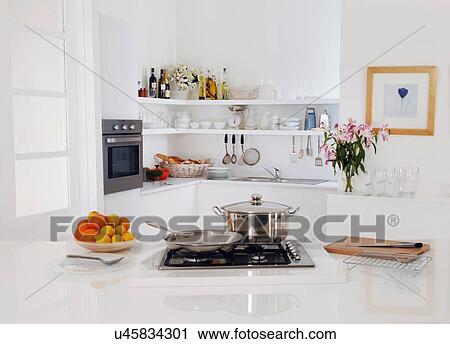 Clean White Modern Kitchen Interior With Shelves And Worktop With Built In Cooker Hob View Large Photo Image Stock Image - Clean White Modern Kitchen Interior With Shelves And Worktop With Built In Cooker Hob. Fotosearch