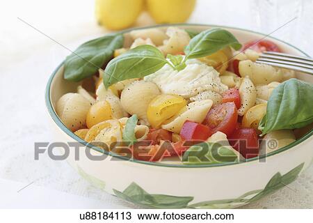 Stock Image - Conchiglie Pasta Salad With Mozzarella And Tomato. Fotosearch