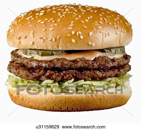 Stock Photo - Double Hamburger In Seeded Bun On White Cut Out. Fotosearch