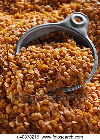 Stock Photography - Entire frame red split lentils with a measuring cup. Fotosearch