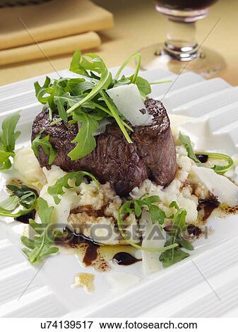 Filet steak with rocket mashed potato pacorino cheese and balsamic vinegar View Large Photo Image Stock Photo - Filet steak with rocket mashed potato pacorino cheese and balsamic vinegar. Fotosearch