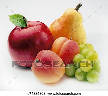 Stock Photo - Fresh Red Apple With Leaf, Pear, Two Apricots And Green Grapes. Fotosearch