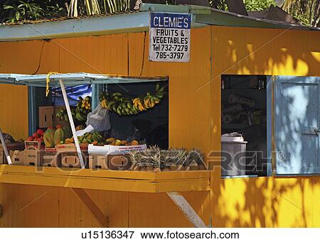 Stock Photo - Fresh Tropical Fruit And Vegetables On Sale At Fruit Stall, Antigua. Fotosearch