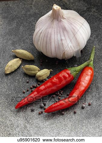 Garlic chillies cardamoms onion seeds View Large Photo Image Stock Image - Garlic chillies cardamoms onion seeds. Fotosearch