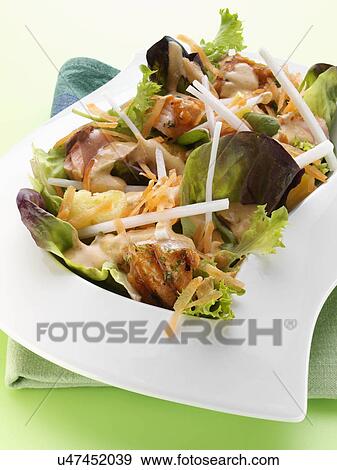 Grilled salmon mixed leaf pineapple mooli grated carrot salad View Large Photo Image Stock Photo - Grilled salmon mixed leaf pineapple mooli grated carrot salad. Fotosearch