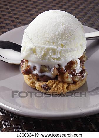 Stock Photo - ice cream on a bed of chocolate and banana on top of a chocolate chip cookie. Fotosearch
