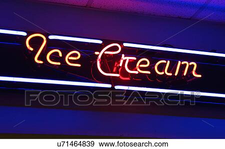 Illuminated Vintage Neon Ice Cream Sign, Usa View Large Photo Image Stock Photo - Illuminated Vintage Neon Ice Cream Sign, Usa. Fotosearch