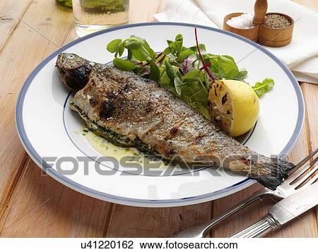 Stock Image - Individual portion of broiled rainbow trout and salad. Fotosearch