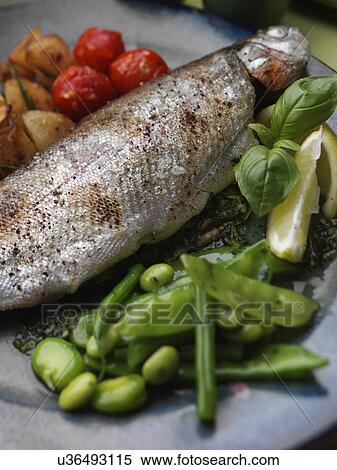 Stock Photography - Individual portion of broiled rainbow trout and saute potatoes tomatoes with green bean salad. Fotosearch