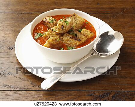 Individual portion of red pepper soup with croutons View Large Photo Image Stock Image - Individual portion of red pepper soup with croutons. Fotosearch