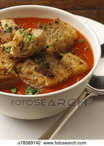 Individual portion of red pepper soup with croutons View Large Photo Image Stock Image - Individual portion of red pepper soup with croutons. Fotosearch