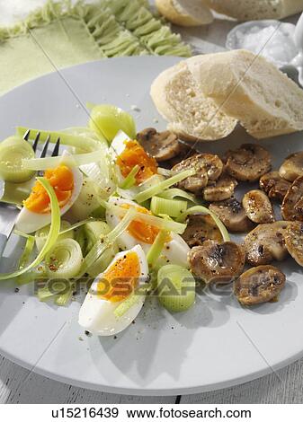 Leek egg salad with mushrooms and bread View Large Photo Image Stock Photo - Leek egg salad with mushrooms and bread. Fotosearch