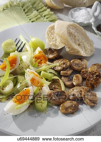 Leek egg salad with mushrooms and bread View Large Photo Image Stock Photo - Leek egg salad with mushrooms and bread. Fotosearch