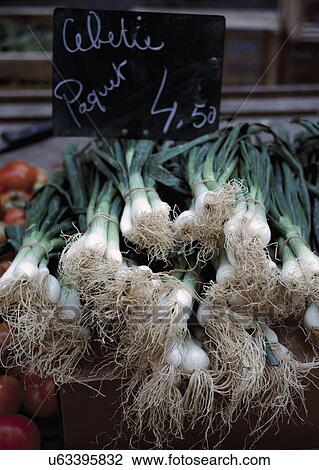 Stock Image - Local market stall, Toulon, France. Spring onion bunches. Fotosearch