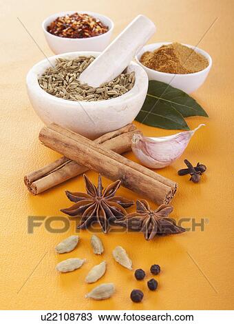 Orange Tabletop With Cinnamon Sticks, Garlic Clove, Star Anise, Cardamon Pods, Peppercorns, Cloves, Bay Leaves And White Bowls With Dried Spices And Powders View Large Photo Image Stock Image - Orange Tabletop With Cinnamon Sticks, Garlic Clove, Star Anise, Cardamon Pods, Peppercorns, Cloves, Bay Leaves And White Bowls With Dried Spices And Powders. Fotosearch