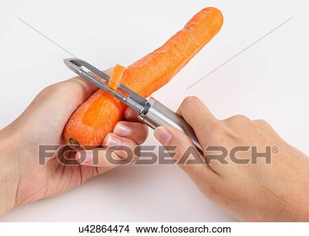 Picture - Peeling A Fresh Carrot With Metal Peeler. Fotosearch
