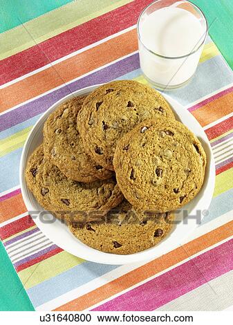 Stock Image - Plate Full Of Chocolate Chip Cookies With Glass Of Milk, Pastel Striped Table Mat. Fotosearch