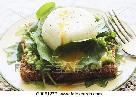 Poached Egg Served On Spinach Leaves And Bread View Large Photo Image Stock Photo - Poached Egg Served On Spinach Leaves And Bread. Fotosearch