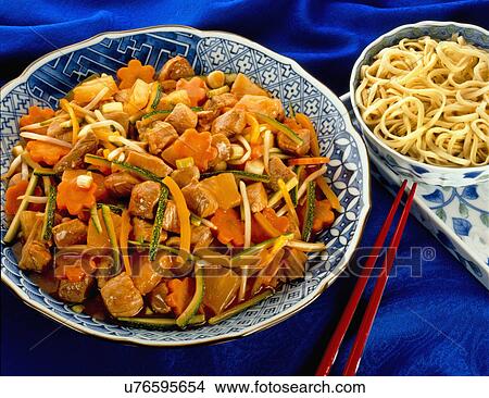 Pork And Vegetable Stir Fry With Bowl Of Noodles And Chopsticks On Blue View Large Photo Image Picture - Pork And Vegetable Stir Fry With Bowl Of Noodles And Chopsticks On Blue. Fotosearch