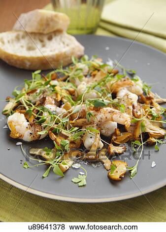 Prawns and girolle mushrooms View Large Photo Image Stock Photo - Prawns and girolle mushrooms. Fotosearch