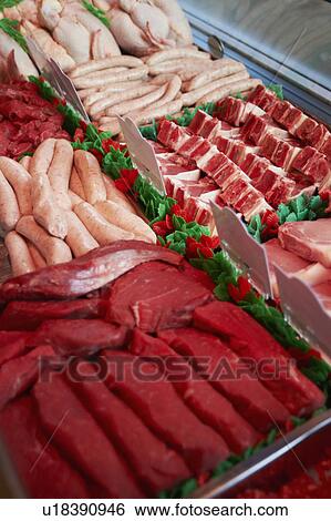 Refrigerated Meat Display In Butchers Shop View Large Photo Image Stock Photograph - Refrigerated Meat Display In Butchers Shop. Fotosearch
