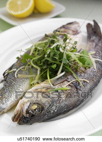 Stock Image - Sea bass cooked in foil with ginger and spring onions. Fotosearch