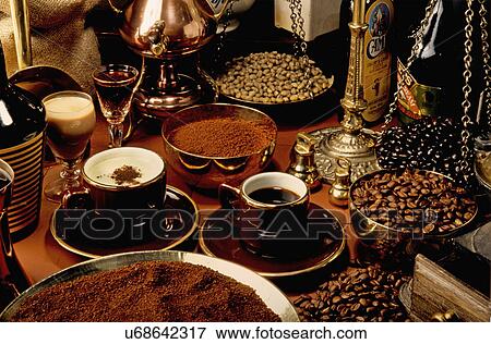 Selection Of Coffee Products On Tabletop: Beans, Powder, Liqueurs, Cups Of Cappuccino And Espresso, Weights And Measures View Large Photo Image Stock Photo - Selection Of Coffee Products On Tabletop: Beans, Powder, Liqueurs, Cups Of Cappuccino And Espresso, Weights And Measures. Fotosearch