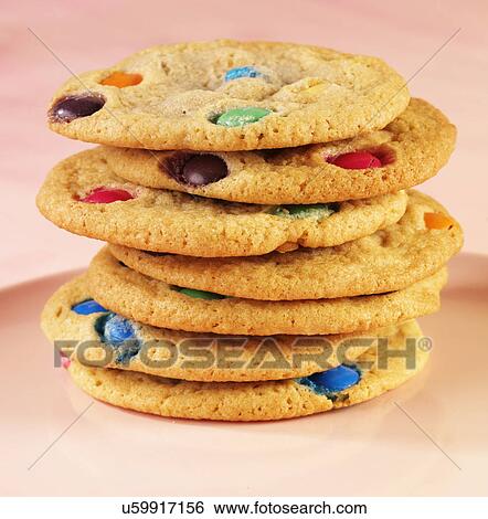 Stack Of M&M Cookies On Pink Plate View Large Photo Image Stock Photograph - Stack Of M&M Cookies On Pink Plate. Fotosearch