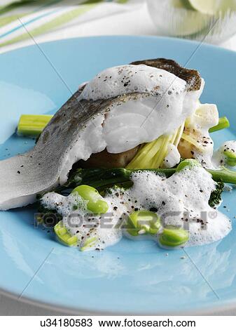 Steamed cod sprouting broccoli new potatoes broad beans leeks and cappuccino sauce View Large Photo Image Stock Image - Steamed cod sprouting broccoli new potatoes broad beans leeks and cappuccino sauce. Fotosearch