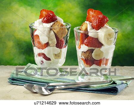 Strawberry banana parfaits with banana bread croutons View Large Photo Image Stock Photo - Strawberry banana parfaits with banana bread croutons. Fotosearch