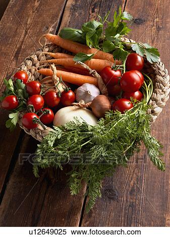 Tomatoes garlic onions carrots herbs in a basket View Large Photo Image Stock Photography - Tomatoes garlic onions carrots herbs in a basket. Fotosearch