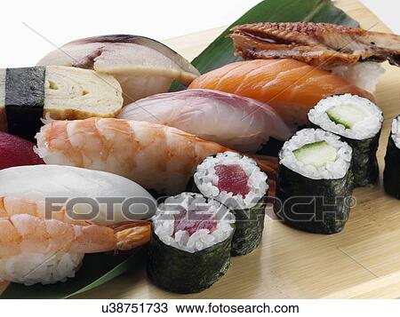Tuna sushi with rice smoked salmon prawns View Large Photo Image Stock Image - Tuna sushi with rice smoked salmon prawns. Fotosearch
