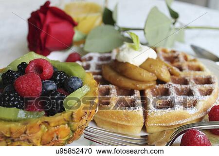 Stock Image - Waffle Served With Selection Of Fresh Fruit. Fotosearch