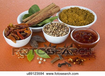 Picture - White Bowls Filled With A Selection Of Asian Spices On Orange Background. Fotosearch