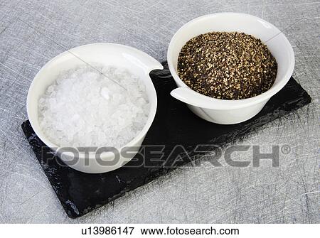 White Ceramic Bowls Filled With Salt Granules And Ground Peppercorns, On Slate Stand View Large Photo Image Stock Photo - White Ceramic Bowls Filled With Salt Granules And Ground Peppercorns, On Slate Stand. Fotosearch