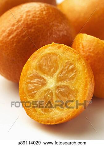 Whole and half kumquats on a white background View Large Photo Image Stock Photo - Whole and half kumquats on a white background. Fotosearch