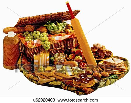 Wicker Basket Filled With Picnic Fods And Fruit, Blanket, Cricket Bat And Flask, On White View Large Photo Image Stock Image - Wicker Basket Filled With Picnic Fods And Fruit, Blanket, Cricket Bat And Flask, On White. Fotosearch