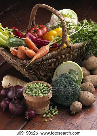 Wicker basket raw vegetables cabbage celery beef tomatoes sweet peppers carrots peas red onions parsnips broccoli cauliflower potatoes View Large Photo Image Stock Photography - Wicker basket raw vegetables cabbage celery beef tomatoes sweet peppers carrots peas red onions parsnips broccoli cauliflower potatoes. Fotosearch