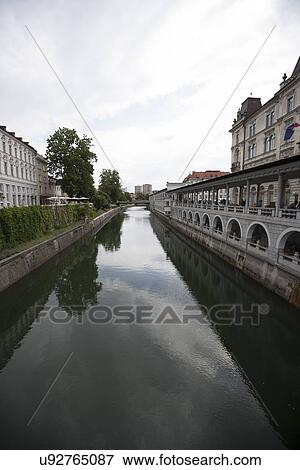 Stock Photo - Canal and buildings at Zagreb, Croatia. Fotosearch