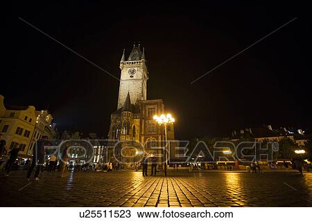 Stock Image - Clock tower in town square, Prague, Czech Republic. Fotosearch