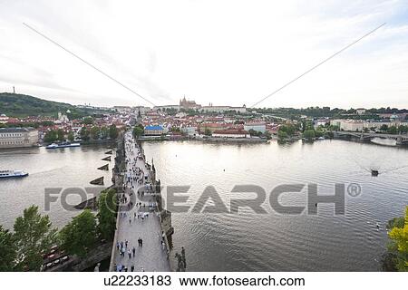 Stock Image - High angle view of crowds on Charles Bridge, Prague, Czech Republic. Fotosearch