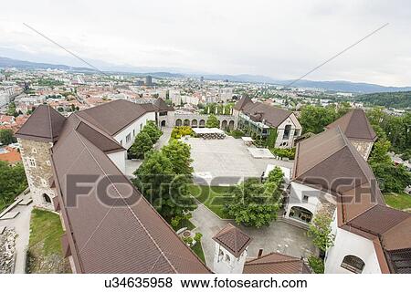 Stock Photo - High angle view of Ljubljana Castle and townscape at Ljubljana, Slovenia. Fotosearch