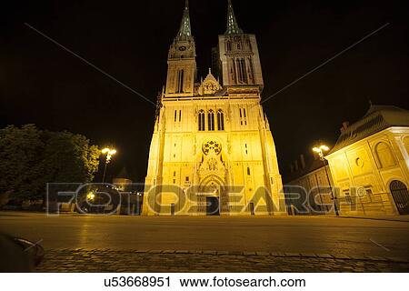 Stock Image - Illuminated Cathedral of the Assumption at night, Zagreb, Croatia. Fotosearch