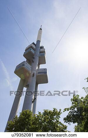 Stock Image - Low angle view of Zizkov Television Tower in Prague, Czech Republic. Fotosearch