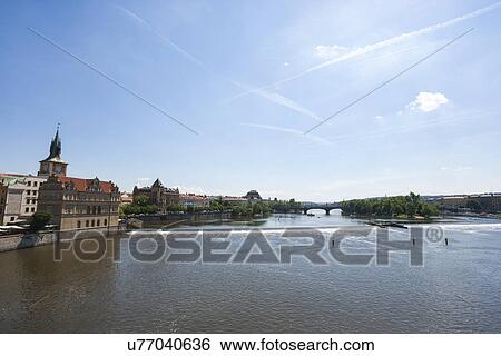 Stock Photograph - Vltava River and Prague, Czech Republic. Fotosearch