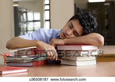 Boy sleeping on some books in a school library View Large Photo Image Stock Photo - Boy sleeping on some books in a school library . Fotosearch